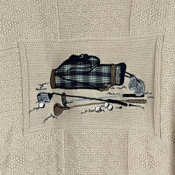 Vtg Northern Golf Elements Sweater Sz Large Beige Textured Knit Plaid Golf Bag - Picture 3 of 7